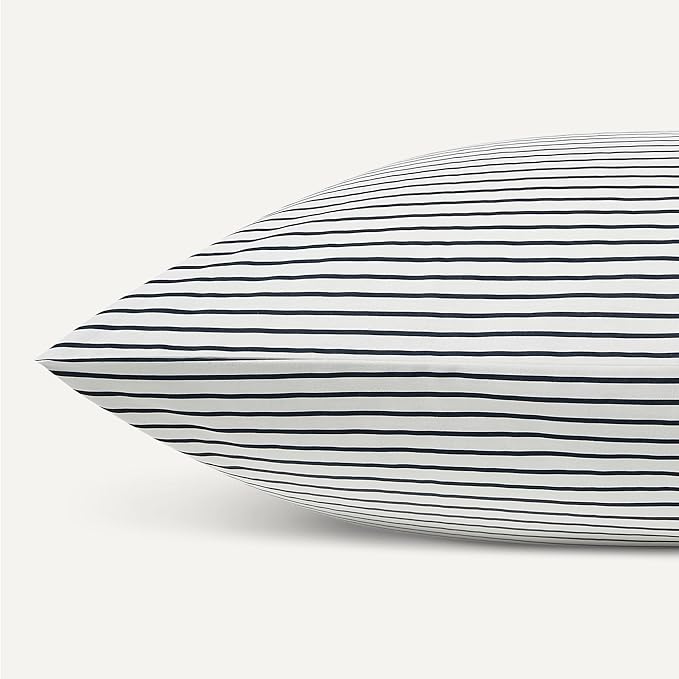 Amazon Basics 100% Organic Cotton Kids' Sheet Set with Pillowcase, Full Size, Navy Stripe