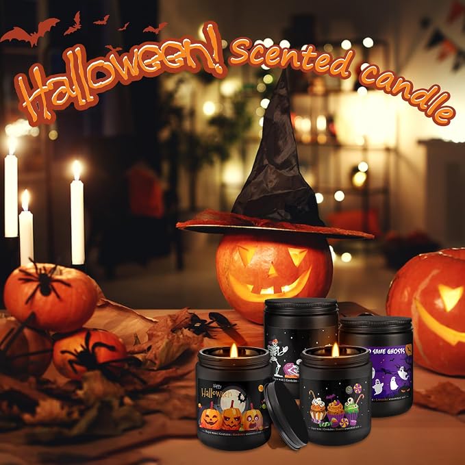 Halloween Scented Candles Set of 4 (7oz Each) โ Spooky Aromatherapy Soy Wax Candles with Bat & Ghost Designs, Smokeless for All Saints' Day, Home Decor & Festive Gifts