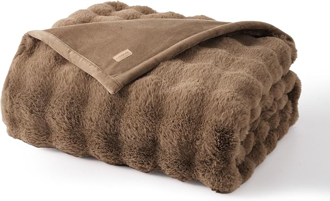 Faux Rabbit Fur Bubble Throw Blanket, 50"x60", Natural Tan | Ultra Soft, Luxury Faux Rabbit Fur Throw, Thick Warm Bubble Blanket, Cozy Fluffy Reversible, for Bed, Couch, Chair, Sofa