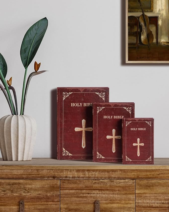 Wooden Book Box Set of 3 with Magnetic Closure and Classic Bible Design Leather Cover, Non-Woven Fabric Interior, Decorative Secret Storage for Bookshelves and Home Office