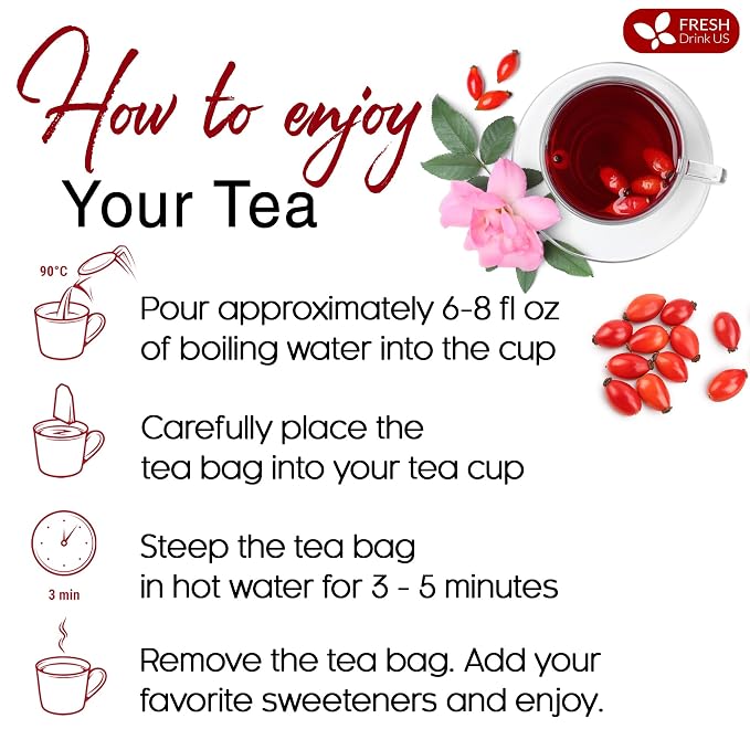 FreshDrinkUS, Premium 30 Rosehip Tea Bags, 100% Natural & Pure from Rose Hip Fruits. Loose Rosehip Herbal Tea. Made with Natural Material Tea Bags. No Sugar, No Caffeine, No Gluten, Vegan.