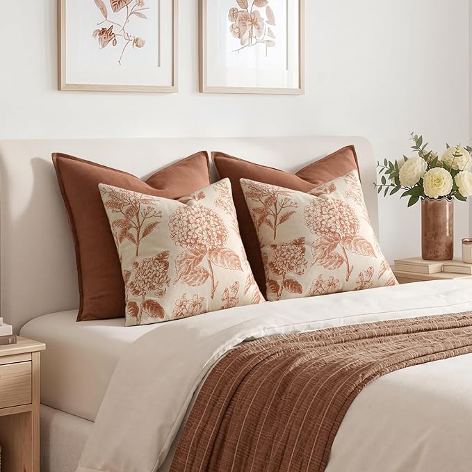 Set of 2 Decorative Floral Pillow Covers 20x20 Inch Autumn Orange | Neutral Hydrangea Print, Boho Vintage Throw Cushion Covers, Cottagecore Home Decor, for Sofa Couch Porch Bedroom Living Room
