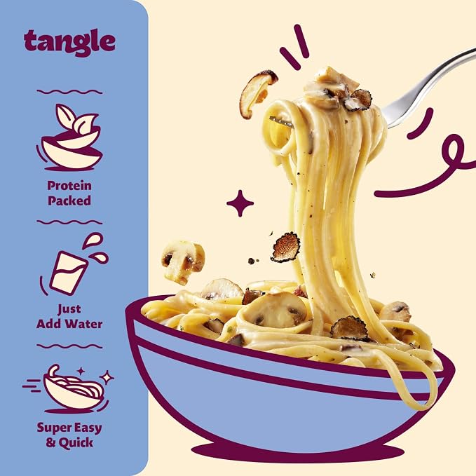 Tangle Creamy Mushroom Instant Pasta, 15g Protein Linguine, 7g Fiber 4-Pack | 15g protein, 7g fiber per serving; Chickpea-based air-dried noodle; Truffle and shiitake cream, non-spicy; Ready in 4 min