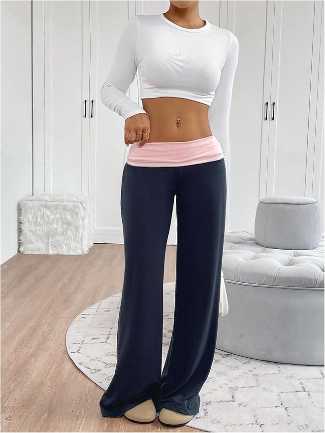 SOLY HUX Women's Sweatpants Color Block Low Rise Fold Over Waist Baggy Wide Leg Pants