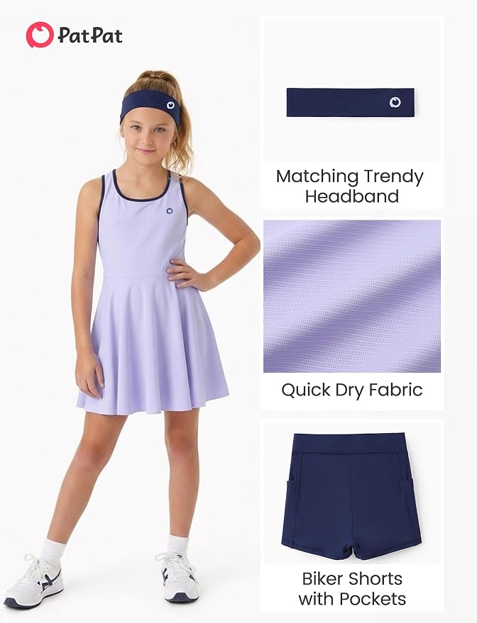 PATPAT Girls Athletic Dress Tennis Summer Outfit with Headband & Shorts | Quick-Dry RapidAir-C Fabric, Lightweight Breathable Golf Dress, Sweat-Wicking 2 Piece sets, Two Hidden Pockets