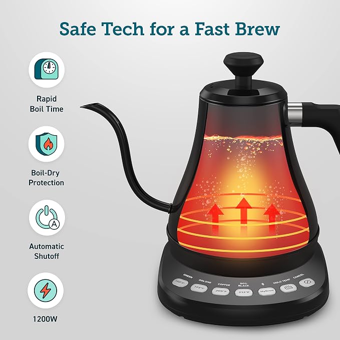 Cosori Electric Gooseneck Kettle Smart Bluetooth with Variable Temperature Control, Pour Over Coffee & Tea, 100% Stainless Steel Inner Lid & Bottom, Quick Heating, Matte Black