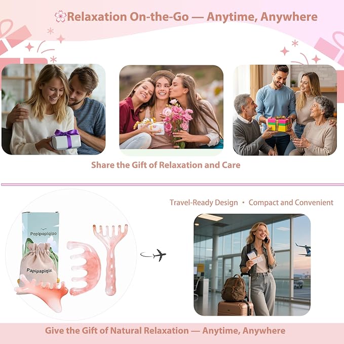 3pcs Scalp Massage Tool Head Massager Gua Sha Comb for Face/Neck/Body/Eye Massage, Promote Lymphatic Circulation Gifts,Pink Resin,Prop 65 Tested Quality