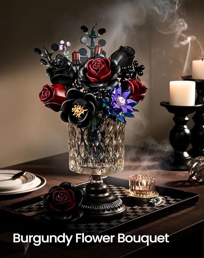 iATOM Halloween Black Burgundy Red Rose Bouquet Building Set, Compatible with Lego Flowers for Adults - Gothic Botanical Collection - Artificial Flowers Home Table Centerpieces Decor - IA1015