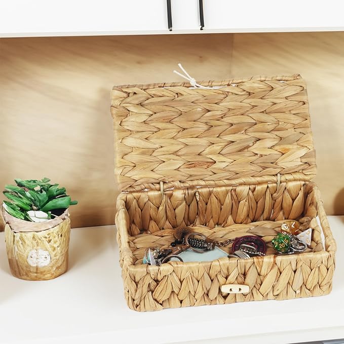 Water Hyacinth Wicker Storage Basket with Lid, X-Small | 9 x 5.1 x 3 Inch Box, Shelf Organizer, Rectangular Woven Bin, Small Item Storage, Natural Home Decor