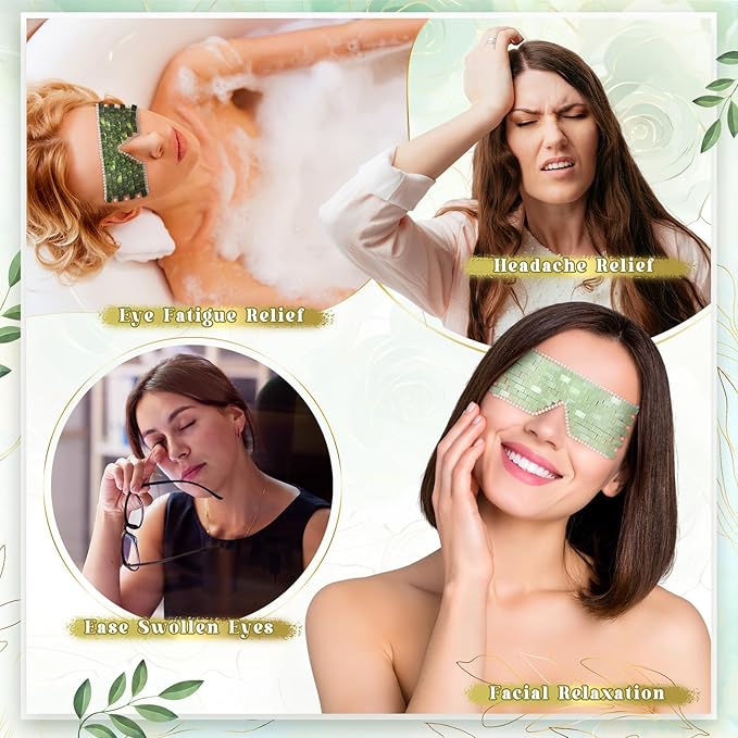 Chicingyou 8 Pcs Jade Eye Mask Bulk with 100% Real Jade Reusable Facial Cooling Mask with Beads for Hot and Cold Therapy to Reduce Wrinkles Puffiness Migrained and Anti-Aging(Green)