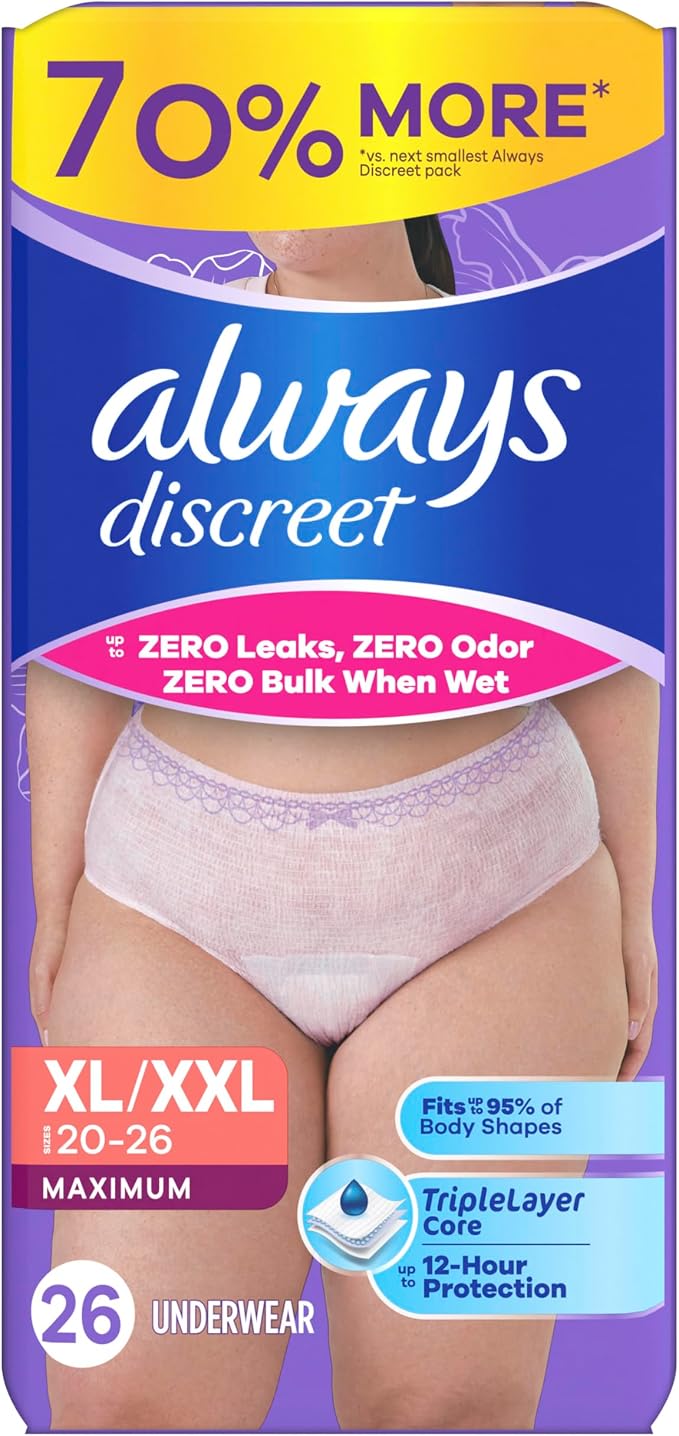 Always Discreet Adult Diapers for Women, Incontinence Underwear, Postpartum Essentials, Disposable Briefs, Max Absorbency, Bladder Leak Protection, Extra Large/XL, 26ct