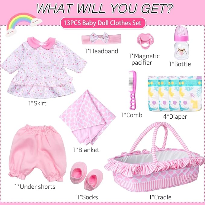 10 Pcs Reborn Baby Doll Clothes Pink Outfit Accessories for 16-18 Inch Reborn Dolls Newborn Baby Girl Clothes Set with Bassinet