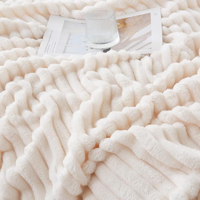 Cream White Throw Blanket for Couch Sofa 50x70 inches Striped Design | Fleece Blankets Room Home Decor Lightweight Plush Soft Cozy Gifts for Women Mom