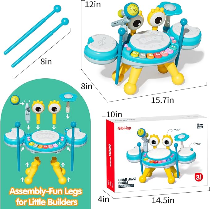 Toddler Drum Set for Kids 1-3, Baby Drum Set 1 Year Old with Light-Up Microphone, Musical Instruments Montessori Learning Toys for 6 9 12 18 Months, Birthday Gift for Boys Girls (BLUE)