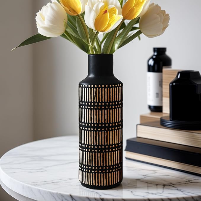 Rustic Ceramic Vase for Living Room Bedroom 11.02'' Black Flower Vase for Bouquet Fake Plant Home Decor Office Table Shelf Fireplace Centerpieces Antique Retro Vintage Classic Modern