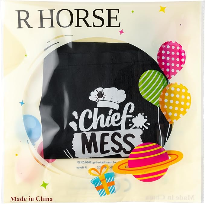 R HORSE Kid Apron and Chef Hat Set - 2Pcs Black Chief Mess Maker Adjustable Children Kitchen Toddler Apron with Pockets, Pretend Play Toy Birthday Christmas Gift for Kids Cooking Baking Painting