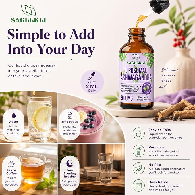 Liposomal Ashwagandha Liquid Drops 2000mg, Ashwagandha Root Extract Supplement (7% Withanolides) with Black Pepper Extract & Probiotics for Focus, Cognition & Energy - 2 FL.OZ (1 Bottle)