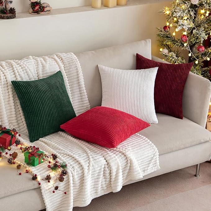 MIULEE Soft Corduroy Throw Pillow Covers Set of 2 18x18 Christmas Red | Decorative Striped Textured Cushion Cases, Boho Energetic Vibe Pillowcases, Home Decor for Couch Chair Sofa Bed Living Room