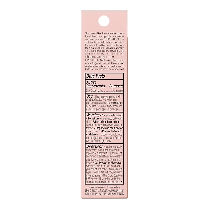 e.l.f. Halo Glow Skin Tint SPF 50, Tinted Moisturizer For Light, Buildable Coverage, Creates A Natural Glow, Vegan & Cruelty-Free, 14 Deep Warm
