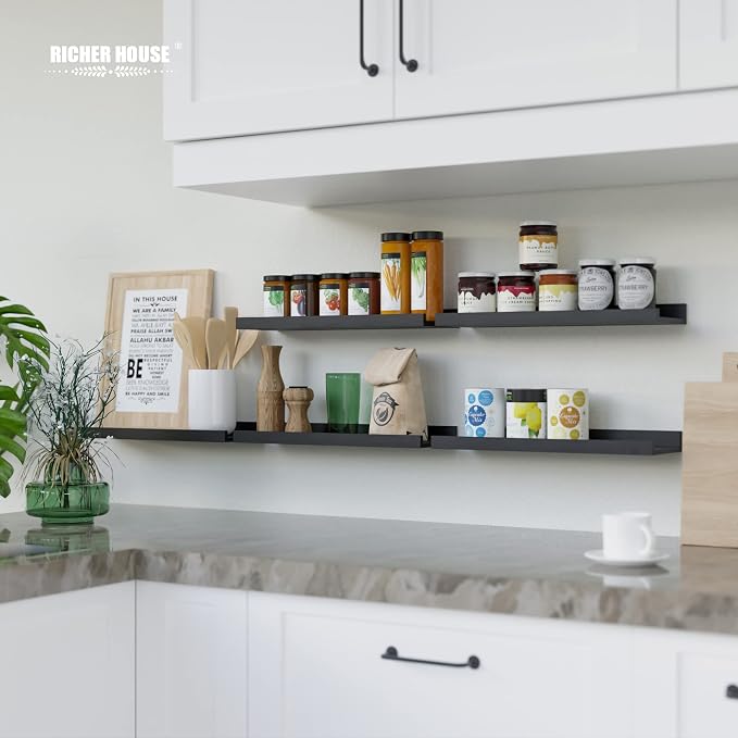 RICHER HOUSE 5 Set Floating Wall Mounted Shelves, Black Shelves for Wall Decor, Modern Picture Ledge Shelf with Lip for Storage, Nursery, Bedroom, Living Room, Bathroom - Black | Display Picture Ledge Shelf, Anti-drop lip Shelf for Room Wall Decor, Bed...