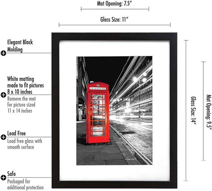 Americanflat 11x14 Picture Frame with Shatter-Resistant Glass - Use as 8x10 Frame with Mat or Display 11x14 Photo Without Mat - Signature Collection - Picture Frames for Wall Display - Black | Shatter-resistant glass, hangs vertical or horizontal, sawt...