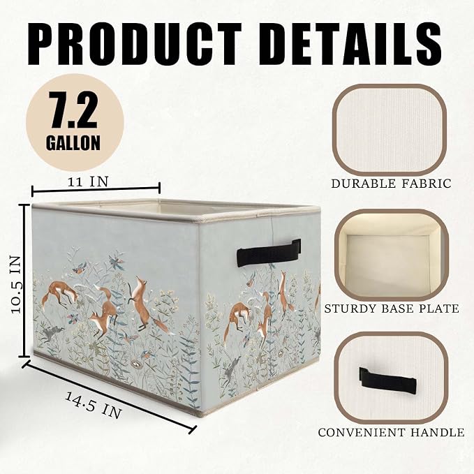 Forest Animal Fox Rabbit Storage Bins Basket, Fox Lover Gifts, Cottagecore Botanical Floral Bird Collapsible Fabric Storage Box Organizer Toybox for Bedroom Bathroom Clothes Books Toys
