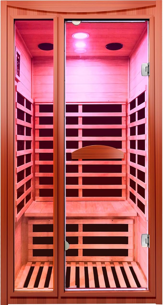 1-2 Person Home Sauna Low EMF Far Infrared Sauna with Red Light Bluetooth Speakers Indoor Dry Sauna 1550W 110V 39.37"x35.43"x74.8"