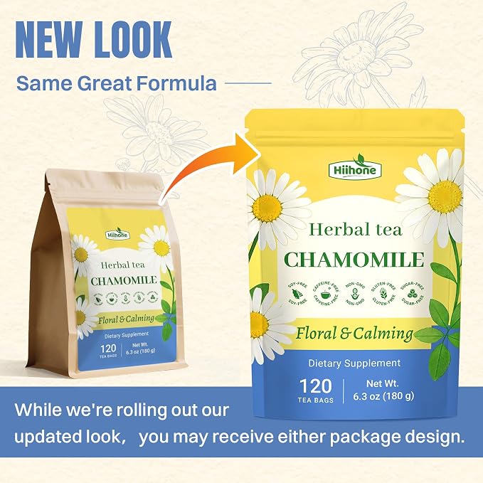 Hiihone Chamomile Tea Bags 120 Count – Pure Chamomile Herbal Tea, Caffeine-Free, Supports Relaxation & Stress Relief, Premium Floral Chamomile, Non-GMO Natural Herbal Tea