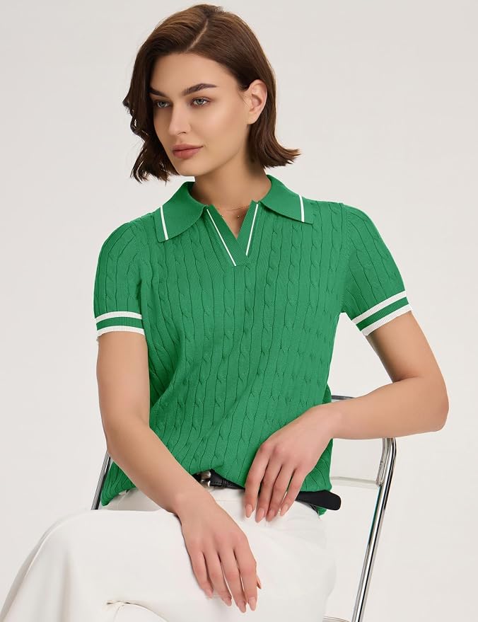 Micoson Womens Short Sleeve Sweater Tops Lapel V Neck Polo Shirts 2026 | Summer Cable Knit Loose Blouses, Business Casual Outfits