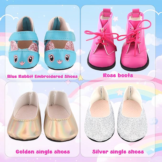 14 Pcs 18 Inch Doll Accessories,5 Sets Clothes and 2 Pairs of Doll Shoes (Send by Random) for 18 Inch American Doll, Best Birthday Festivals for Kid, Gril -2
