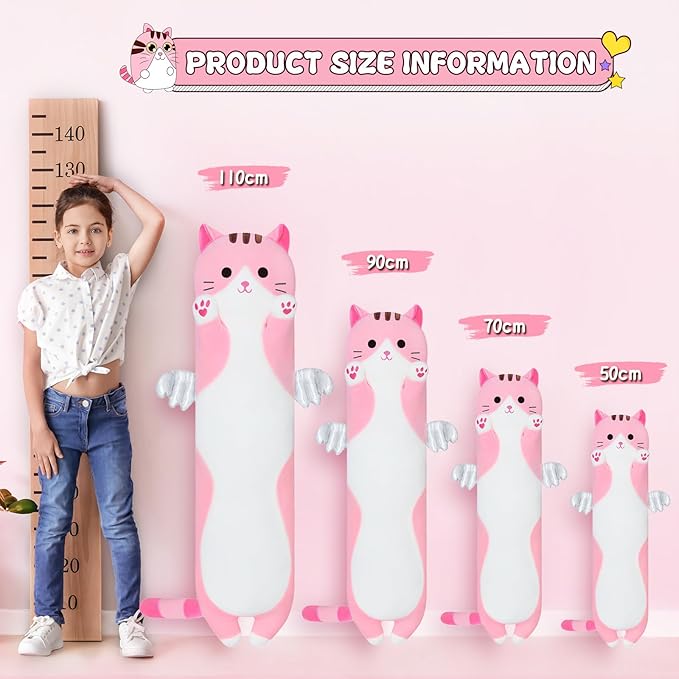 Long Cat Body Pillow for Kids, Cute Cat Stuffed Animals Gifts for Girls, Long Cat Plush Toy for Birthday, Soft Cat Plushies Pillow (Pink, 27.6in/70cm)