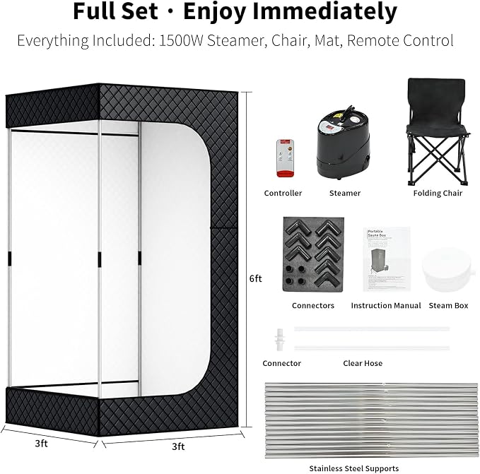 Sauna Box - Portable Sauna for Home with Upgraded 3L 1500W Steamer, Folding Chair and Non-Slip Mat for Relaxation Spa, 5-Layer Waterproof and Insulated Steam Tent, 3x3x6ft, Larger (Black)