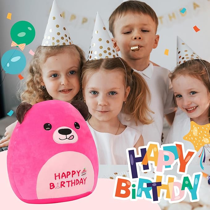 12” Birthday Bear Plush Pillow Hot Pink Happy Birthday Pillow Soft Cute Bear Plush Toy Stuffed Animal Gifts for Kids