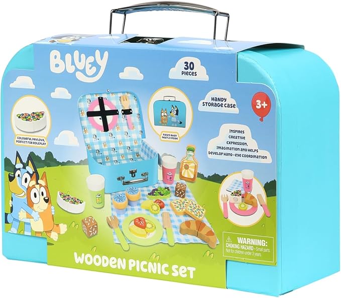 8th Wonder Wooden Bluey Toys Picnic Carrying Case, 30-Piece Picnic Basket Toy with Cutlery and Food Accessories, Outdoor Food Toys for Kids of Ages 3+