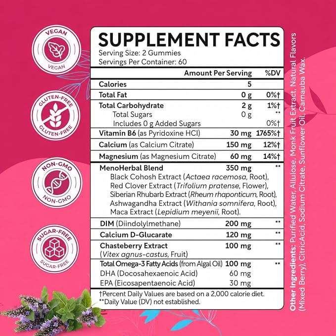 Menopause Supplements for Women - Menopause, Perimenopause & PMS Relief Gummies, Hormone Balance with DIM, Black Cohosh, B6 | Supports Hot Flashes, Night Sweats & Mood Balance | Sugar-Free, 120 Count