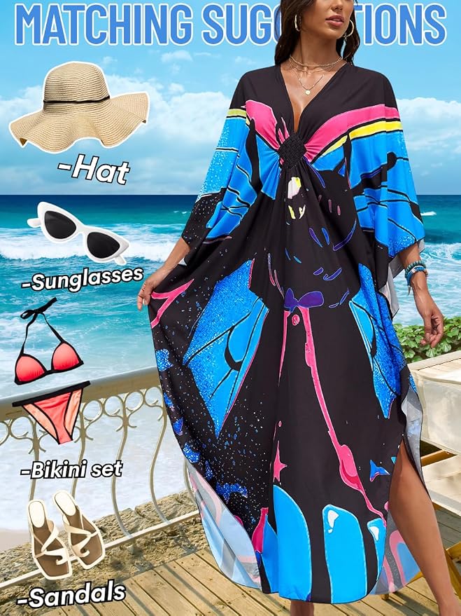 ChiaoLezhee Print Moo-Moos for Women, Kaftan Cover-Up Dresses, Sexy V-Neck High-Slit, Beach Pool-Party Coverups Muumuu Plus