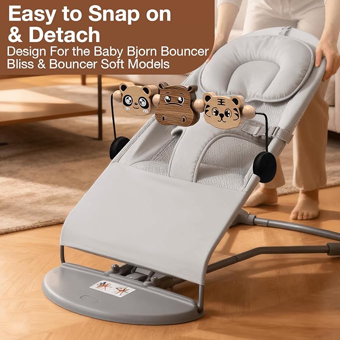 Baby Bjorn Bouncer Toy Bar – Durable Wooden Baby Bouncer Toy Bar Attachment, Easy to Attach and Remove, 360° Rotating,Made of Natural Wood and Incorporating Animal Elements