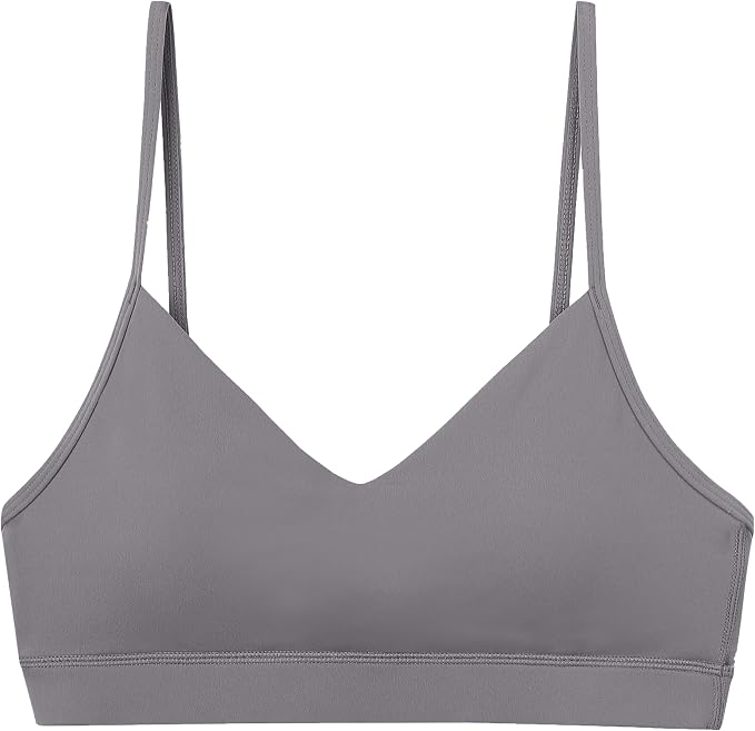 Oalka V Neck Sports Bra for Women Adjustable Padded Thin Straps Wireless Yoga Bras