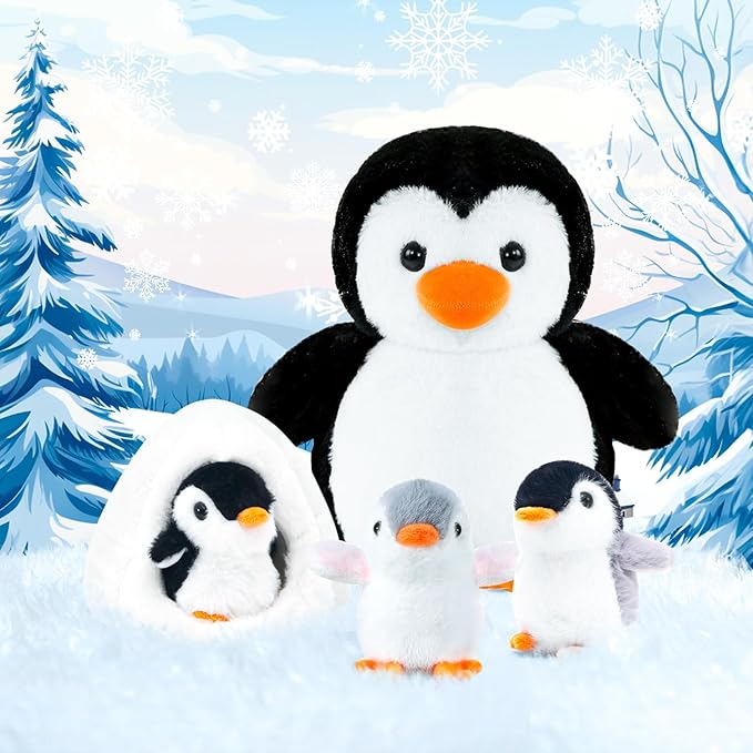 Penguin Stuffed Animal Set, Cute Mom and Baby Plush Penguins Dolls with Igloo, Plush Toys Set Ideal Gift for Kids Birthday