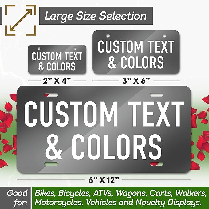 Mini License Plate, Custom License Plate for Bikes, ATV, Kids Car, Kids Bike, Golf Cart, Wagons and Key Rings | 2x4 Inch Metal - 40 Colors, 20 Fonts | by: My Sign Center, USA
