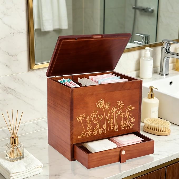 2-Layer Solid Wood Tampon Box Storage Organizer, 100% Wood Bathroom Feminine Accessories Holder with Drawer, Dual-Compartment Holder for Pads, Tampons, & Liners, Gold Floral, Gifts for Women