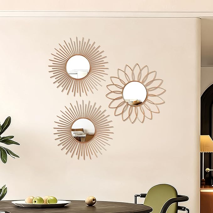 3 Pack Metal Mirrors for Wall Sunburst Wall Mirrors Home Décor Decorative Hanging Wall Art for Living Room Bedroom Entryway (Rose Gold2, Flower+Sunburst)