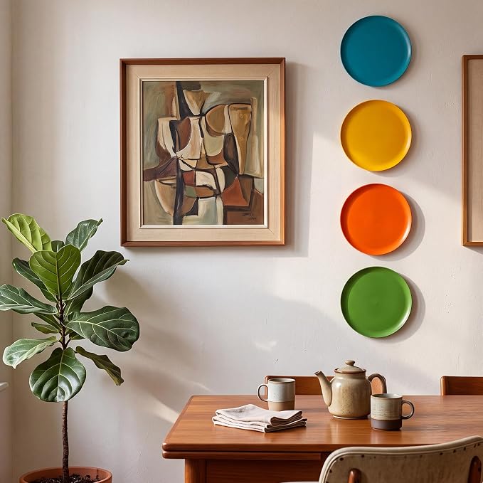 Hicarer 4 Pcs 12 Inch Mid Century Modern Metal Wall Art Hanging Decor | Retro Metal Round Disk, Mid Century, 3D Design, Easy Install, Smooth Finish, for Home Office Bedroom Living Room Gift
