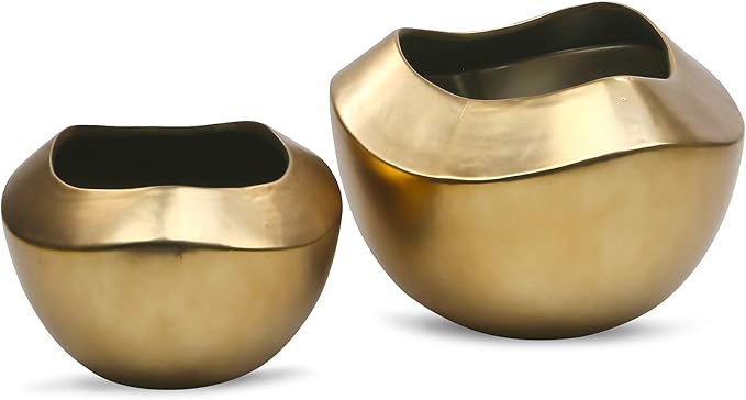 WGV Ceramic Bowl Vase, Width 10", Height 7", Rippled Gold Pot, Large Mantel Planter Centerpiece for Wedding Event Office Home Decor, 1 Piece