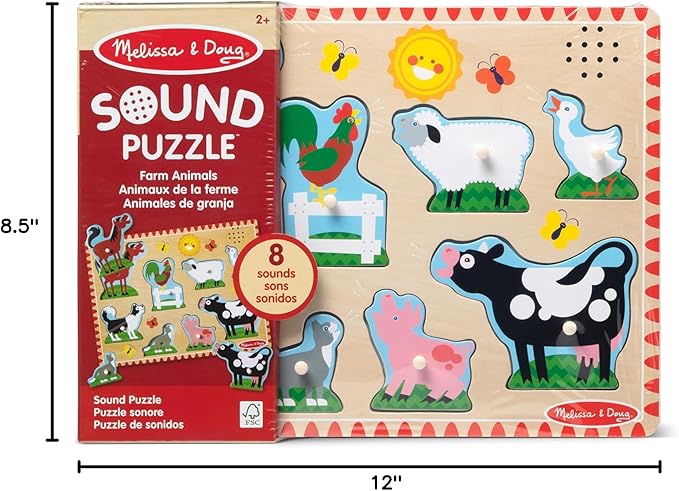 Melissa & Doug Farm Animals Sound Puzzle – 8-Piece Wooden Peg Puzzle with Light-Activated Sounds, Music Learning Toy for Toddlers and Preschoolers Ages 2+
