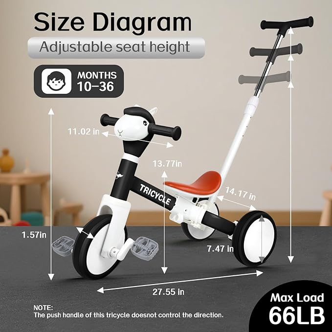 5-in-1 Toddler Tricycle with Lights & Music, Adjustable Push Kids Bike for 1-5 Year Olds, Toddler Balance Bike & Tricycle for Boys & Girls, Birthday Gift for 1 2 3 4 5 Year Old Kids (Black)