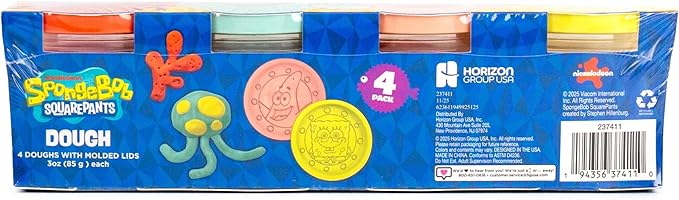 Spongebob Squarepants™ Dough 4-Pack, Sensory Dough in Resealable Storage Containers with Character Impression Molded Lids, Spongebob Toys, Kids Party Favors