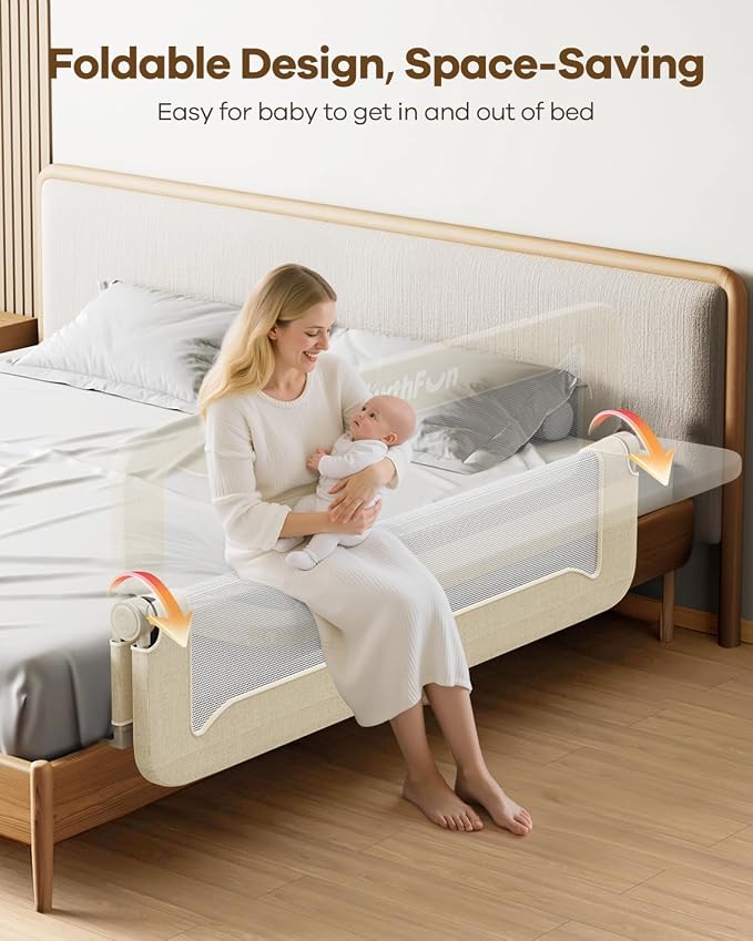 Foldable Bed Rail for Toddlers, 59in Reinforced Carbon Steel Frame&Connectors, Breathable Cationic Fabric, Safety Toddler Bed Rails for Queen, King, Twin, Full, No-Tool Setup.