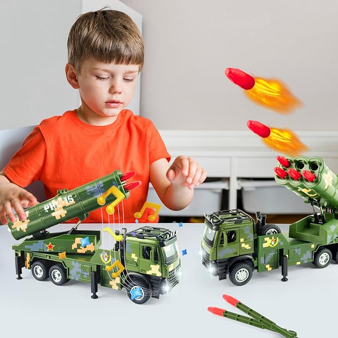 Army Toys - Military Truck with 6 Missiles, Rotatable Turret, Light & Sound for Boys 6-8