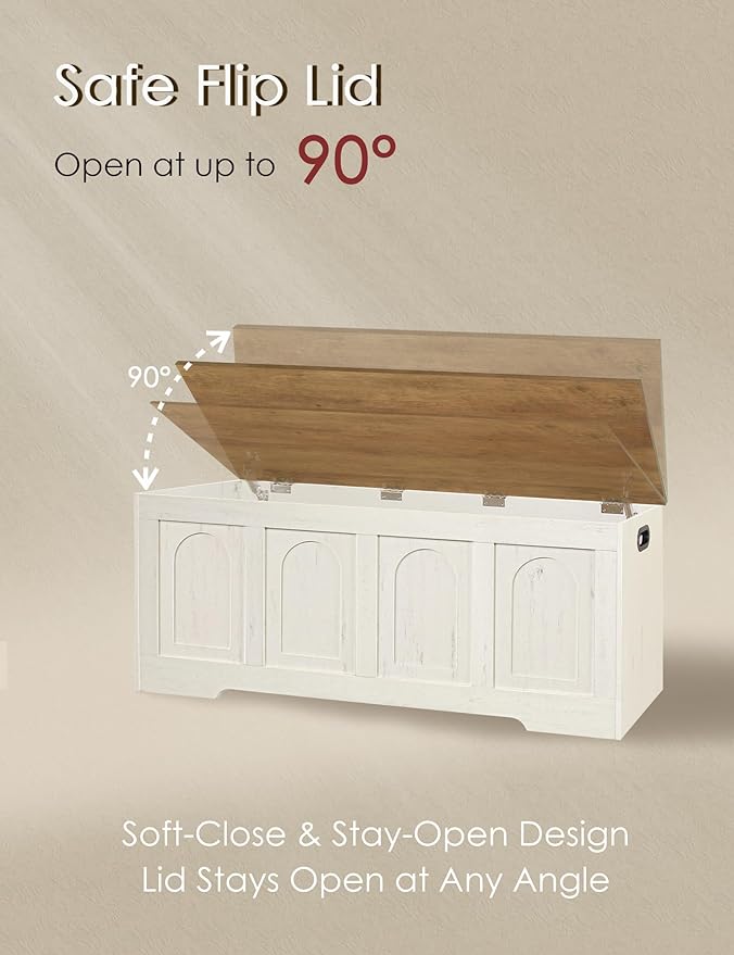 Storage Chest, Wooden Toy Box, Honey Brown & Rustic White 47.2" L | Farmhouse Storage Bench, 2 Soft-close Hinges, Finger-safe Flip-Top Lid, Easy Assembly, Extra Large Trunk, Living Room/Bedroom